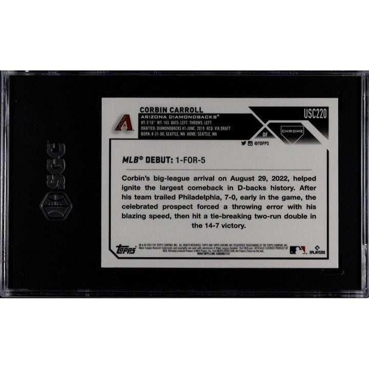 2023 Topps Chrome Update Corbin Carroll Rookie Card #USC220 graded 9.5 featuring Arizona Diamondbacks pitcher in protective case