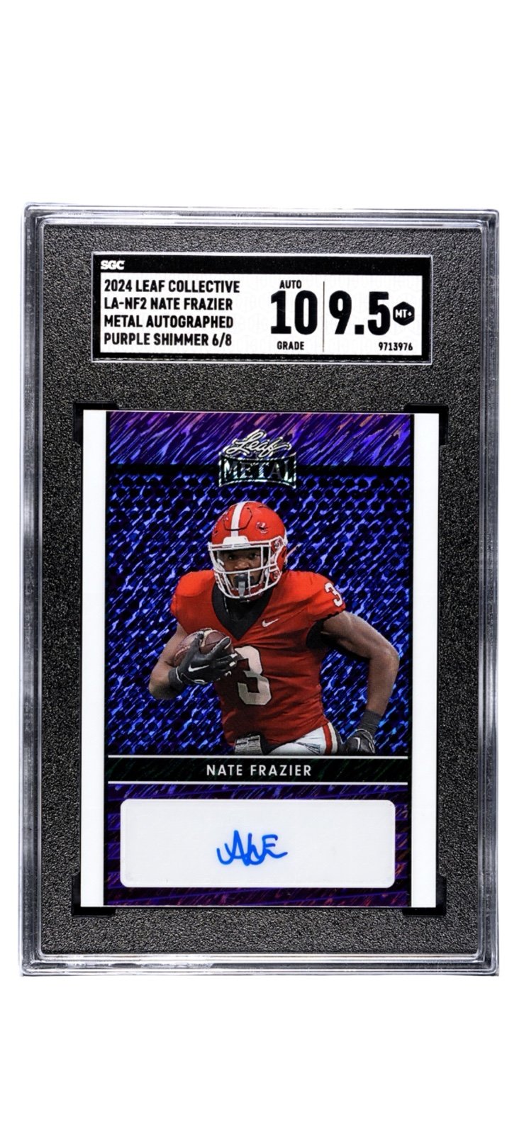 6/8 Nate Frazier RC Auto 2024 Leaf Collective METAL Purple Shimmer UGA SGC 9.5