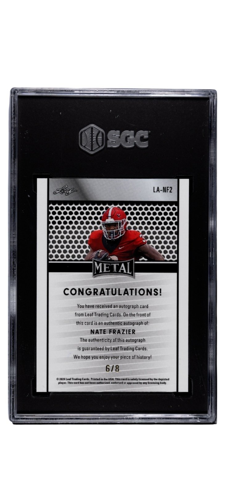 6/8 Nate Frazier RC Auto 2024 Leaf Collective METAL Purple Shimmer UGA SGC 9.5