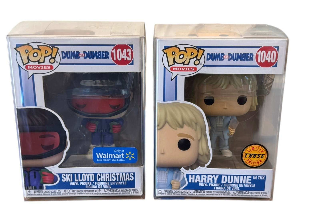 Funko POP Movies Dumb and Dumber Ski Lloyd Christmas 1043 and Harry Dunne 1040 exclusive collectible figures in display boxes
