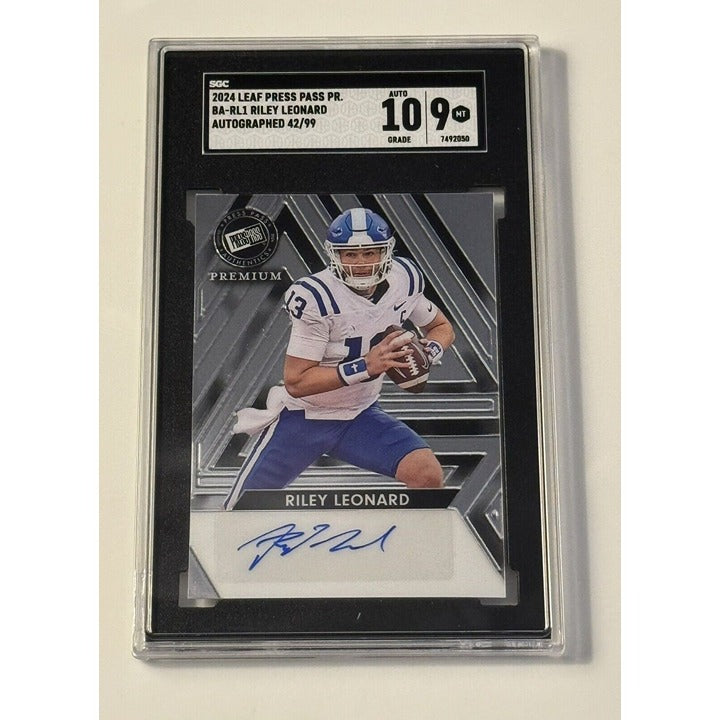 42/99 Riley Leonard RC Auto - 2024 LEAF PRESS PASS PREMIUM PURPLE ROOKIE - SGC 9