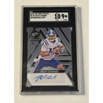 42/99 Riley Leonard RC Auto - 2024 LEAF PRESS PASS PREMIUM PURPLE ROOKIE - SGC 9