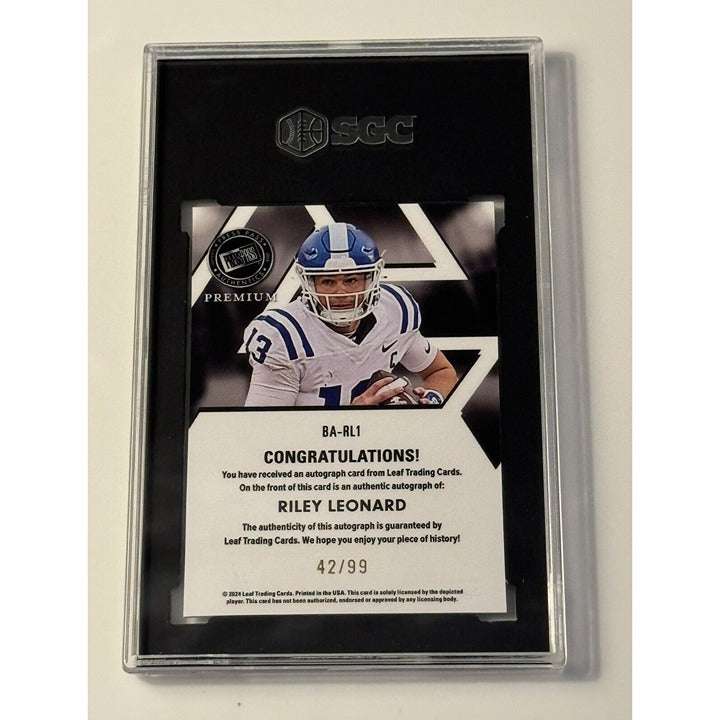 2024 Leaf Press Pass Premium Purple Riley Leonard RC Auto trading card graded SGC 9, limited 42/99, signed football card