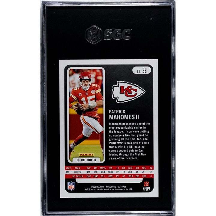 Patrick Mahomes 2022 Panini Absolute Football #38 Kansas City Chiefs SGC 10 graded card