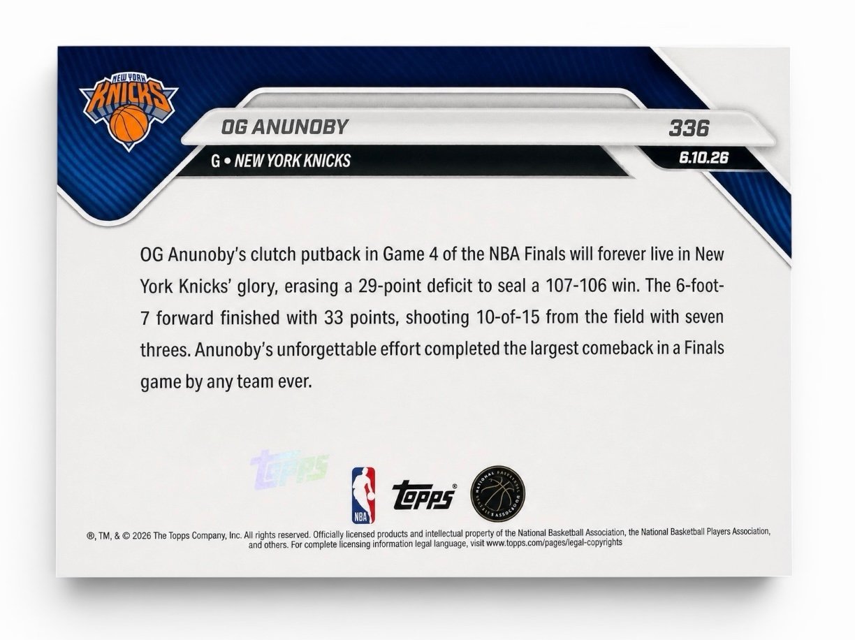 OG Anunoby 2026 Topps NOW #336 NBA Finals Knicks Game Winner
