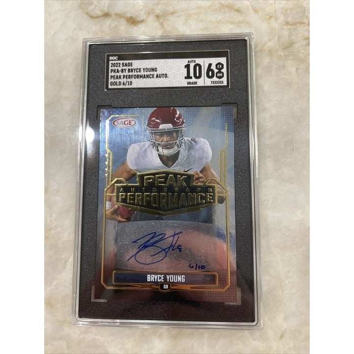 Bryce Young 2022 Peake Performance autographed football card graded SGC 10/6 with Alabama Crimson Tide image