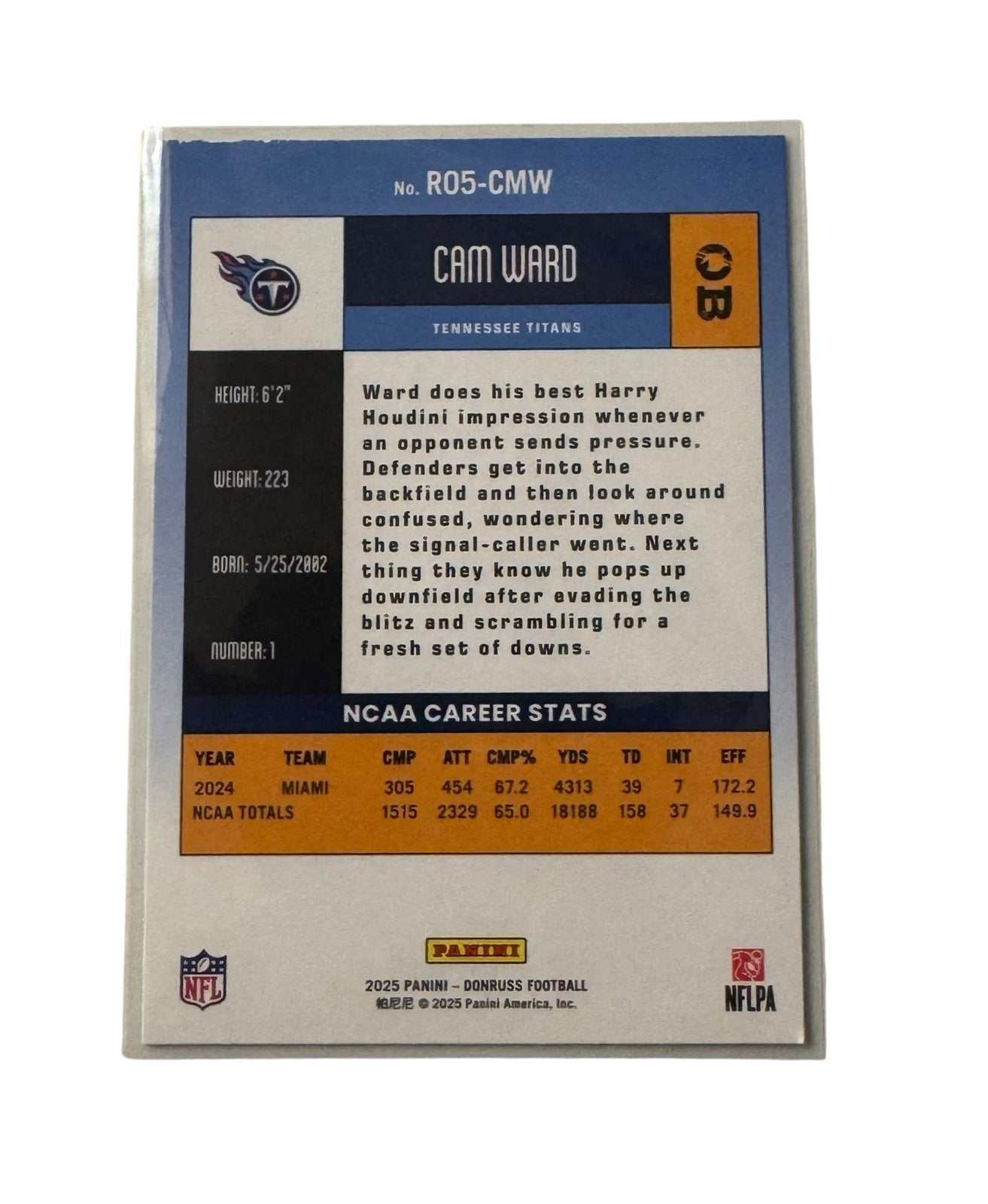 Cam Ward RC 2025 Donruss rookie football card Tennessee Titans QB mint condition