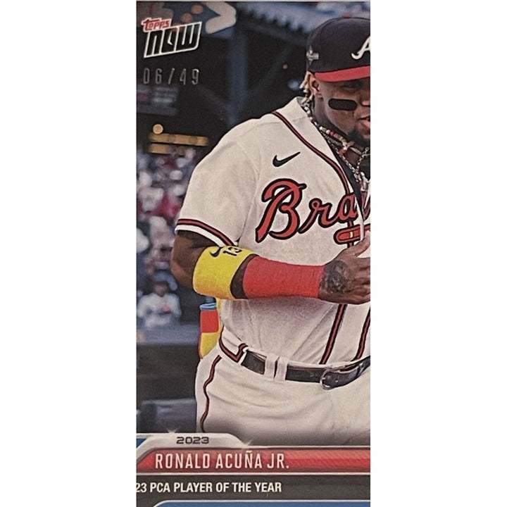 Ronald Acuna JR 2023 Topps NOW PCA Blue parallel Braves Player of the Year trading card serial #06/49