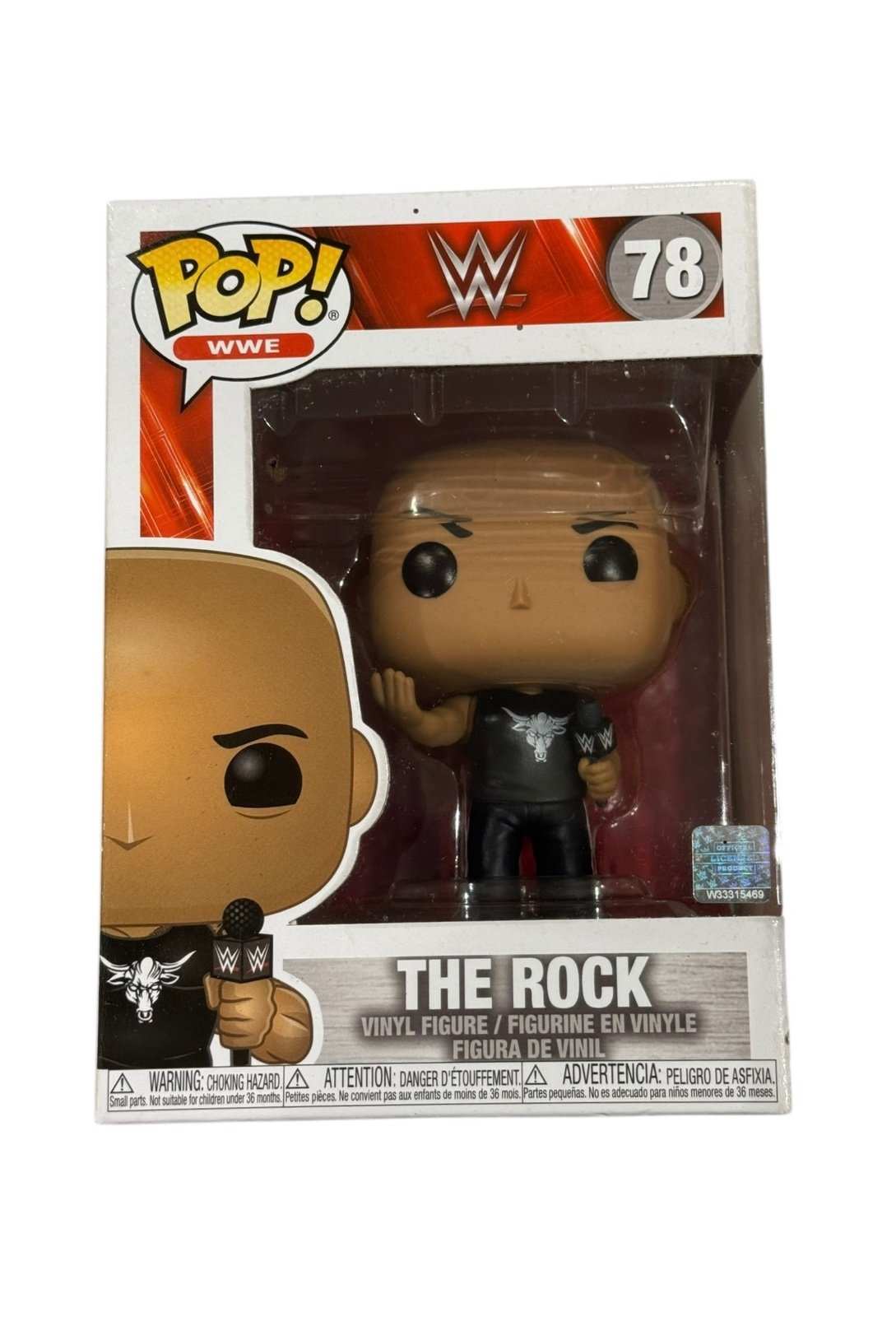 Funko Pop! WWE The Rock vinyl figure #78 with microphone pose and Brahma Bull logo in sealed box