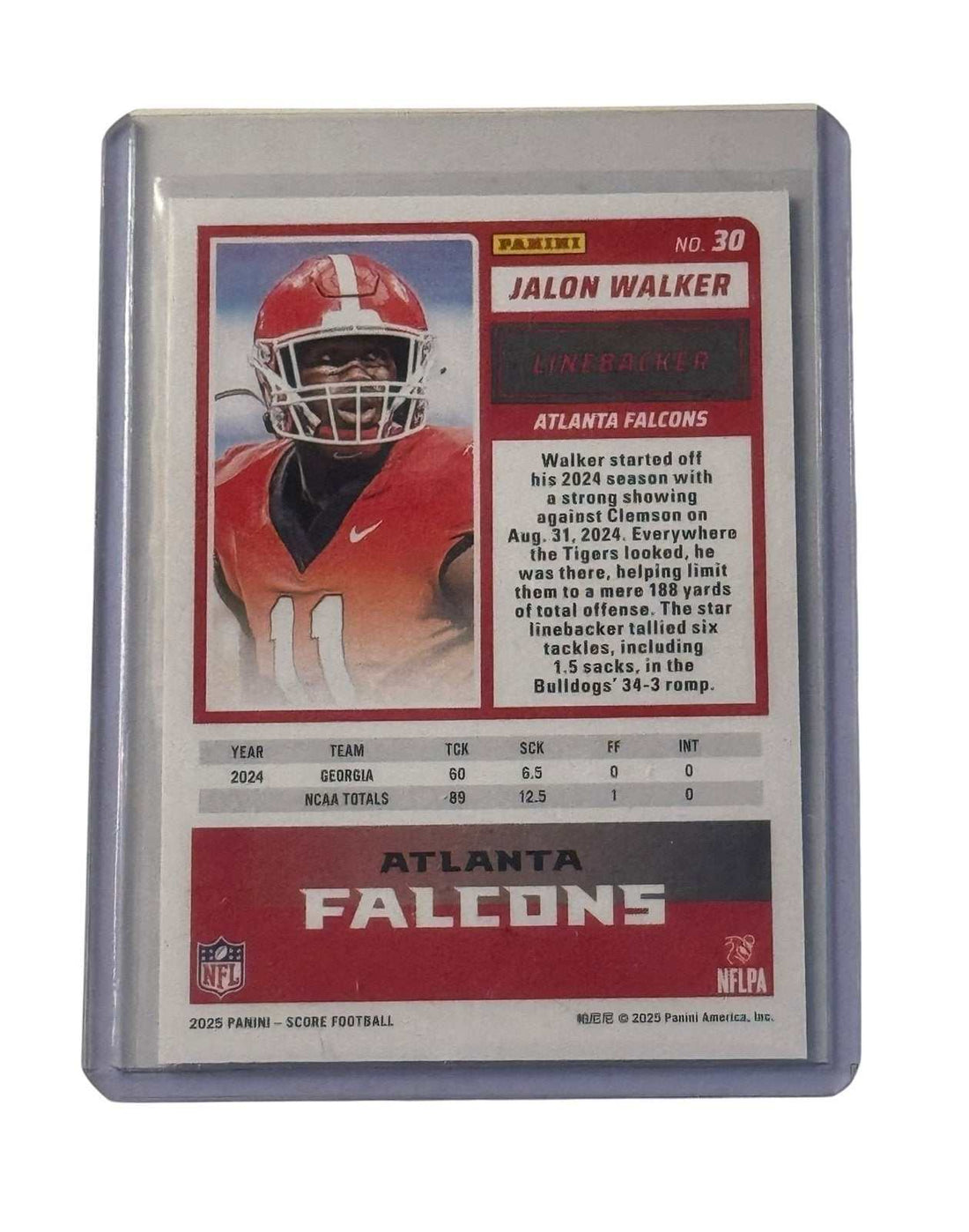 Jalon Walker 2025 Panini Score Rookie Card Atlanta Falcons linebacker in protective sleeve