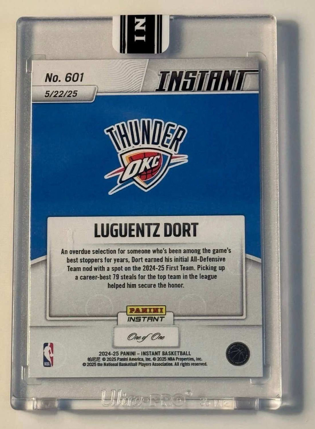Luguentz Dort Auto RC 2024-25 Panini Instant NBA Oklahoma City Thunder trading card in protective case