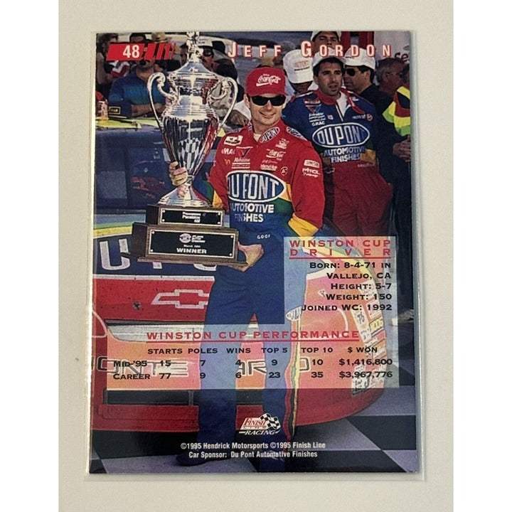 1995 Classic Finish Line Jeff Gordon silver NASCAR trading card with Dupont and Winston Cup logos