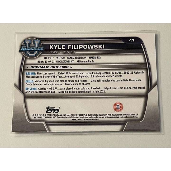 2022-23 Bowman University Chrome Kyle Filipowski rookie basketball card Duke Blue Devils