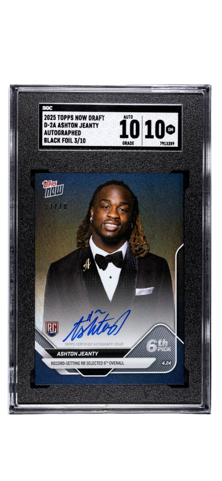 3/10* Ashton Jeanty RC 2025 Topps Now Draft Black Foil Auto NFL Raiders SGC 10GM