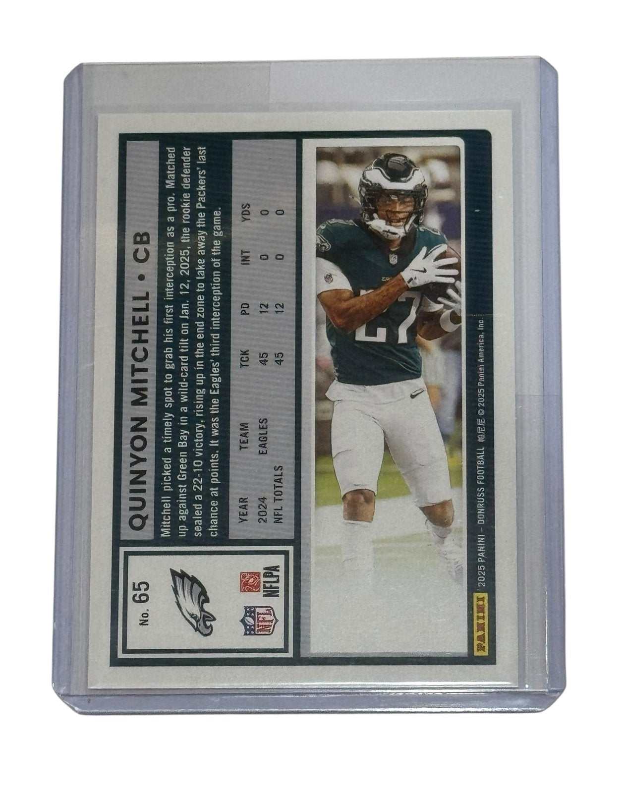 Quinyon Mitchell rookie card 2025 Donruss Philadelphia Eagles NFL cornerback in protective sleeve