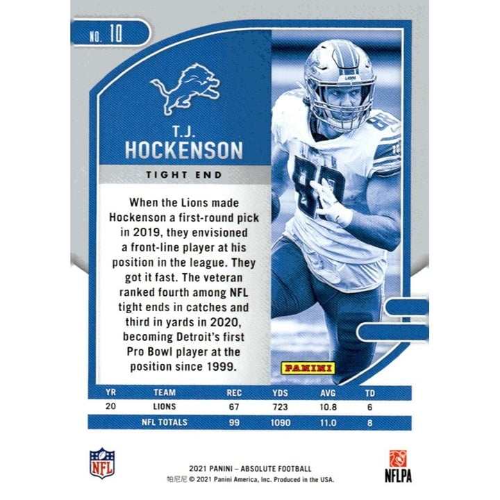 2021 Panini Absolute NFL football card #10 T.J. Hockenson Green Detroit Lions running with football