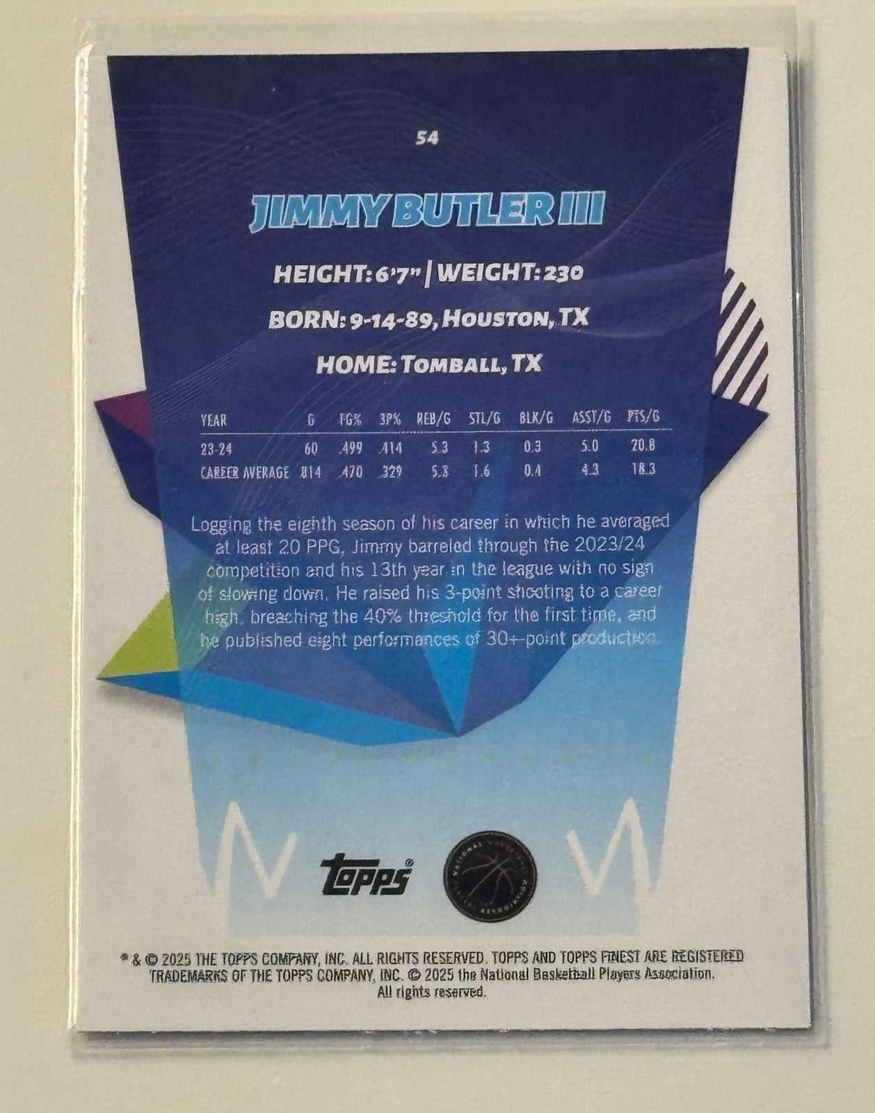 2025 Topps Finest Jimmy Butler III NBA Miami Heat collectible card back with player stats and biography