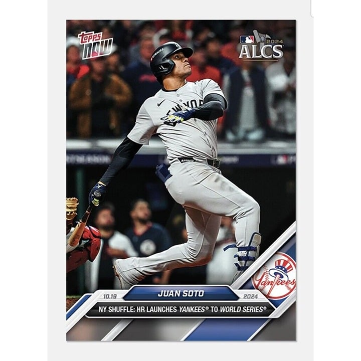 Juan Soto 2024 Topps Now ALCS trading card showing his home run sending Yankees to World Series
