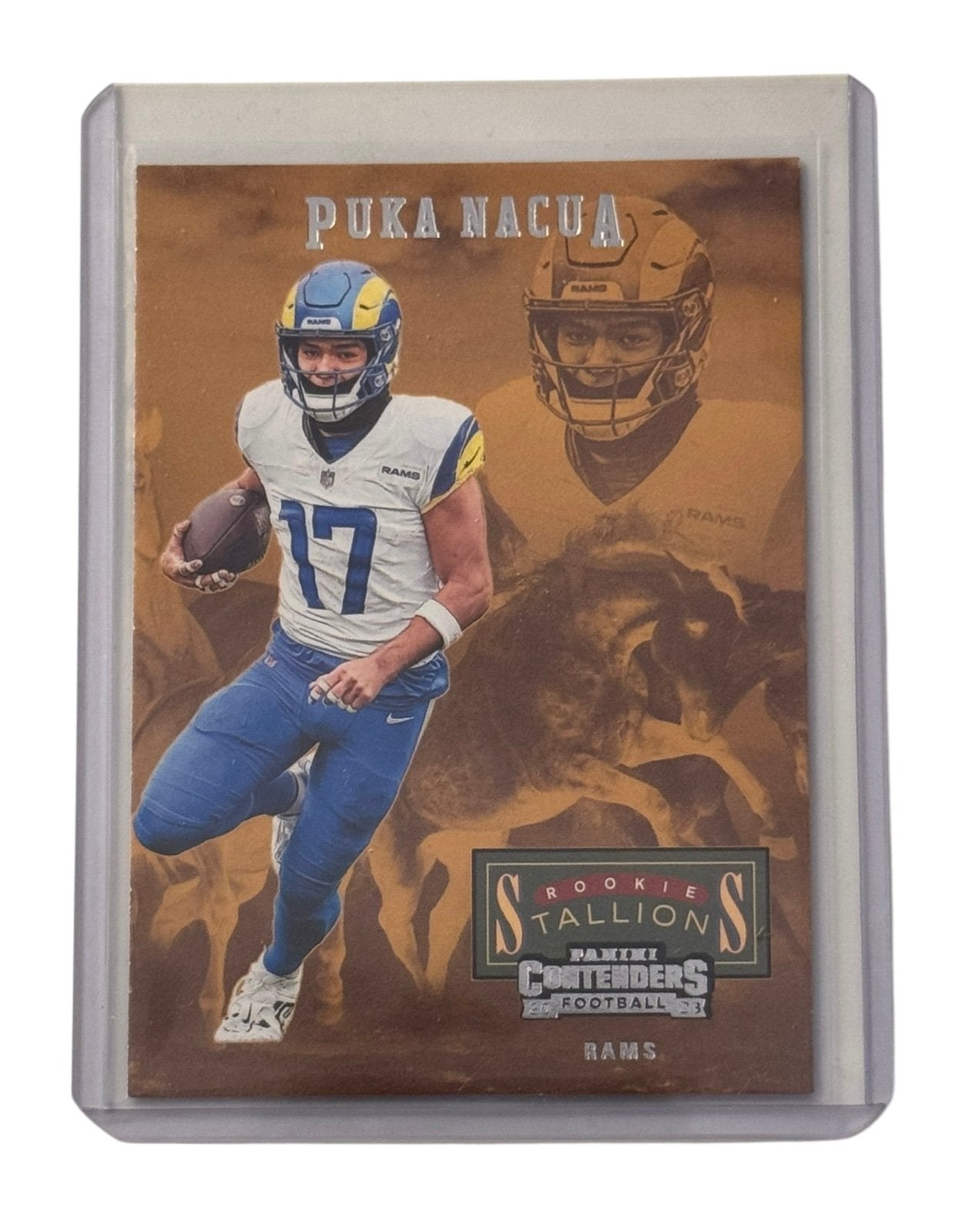 Puka Nacua Rookie Stallions 2023 Panini Contenders NFL Rams card #19 in protective case