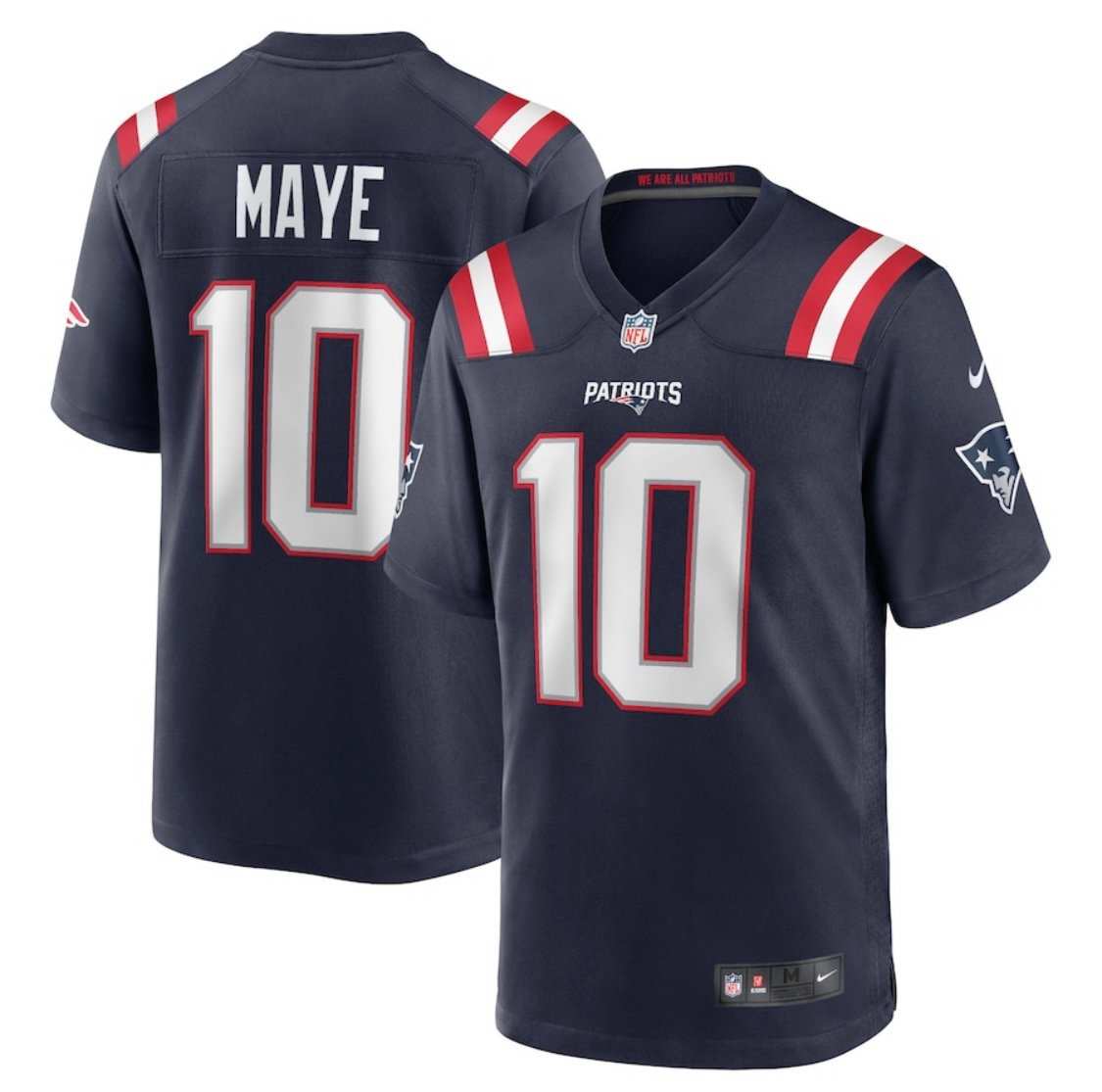 Drake Maye New England Patriots navy Nike NFL jersey number 10 large, Fanatics Authentic, rookie quarterback collectible