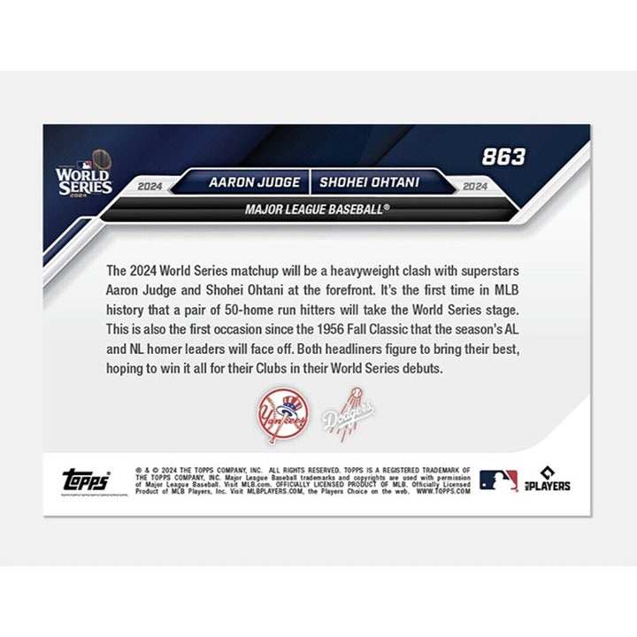 OhtaniJudge trading card featuring Shohei Ohtani and Aaron Judge 2024 Topps Now limited edition World Series design