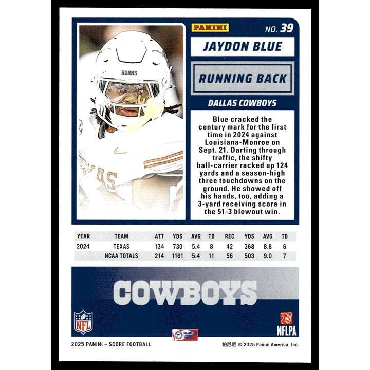 2025 Panini Score NFL Jaydon Blue Rookie Card Dallas Cowboys near mint football trading card