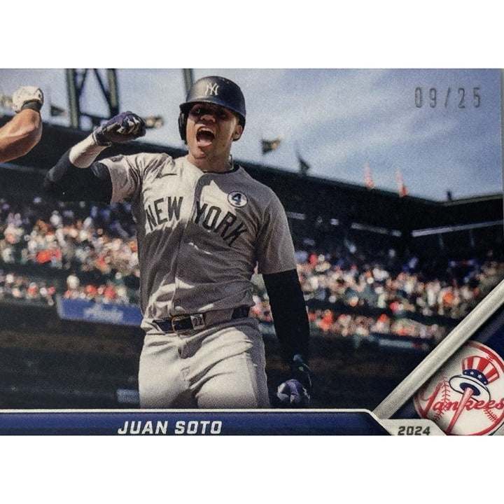 Juan Soto 2024 Topps Now Purple 2 HR baseball card numbered 09/25 featuring Yankees go-ahead sweep winner