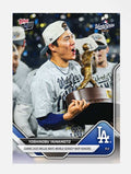 2025 Topps Now Yoshinobu Yamamoto MLB World Series MVP card with Dodgers trophy celebration
