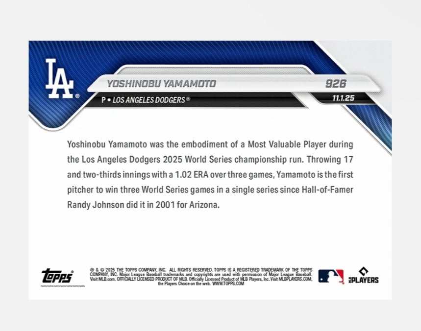 2025 Topps Now Yoshinobu Yamamoto MLB World Series MVP card Los Angeles Dodgers
