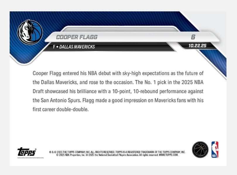 Limited Edition 2025 Topps Now Cooper Flagg NBA rookie card MAVS