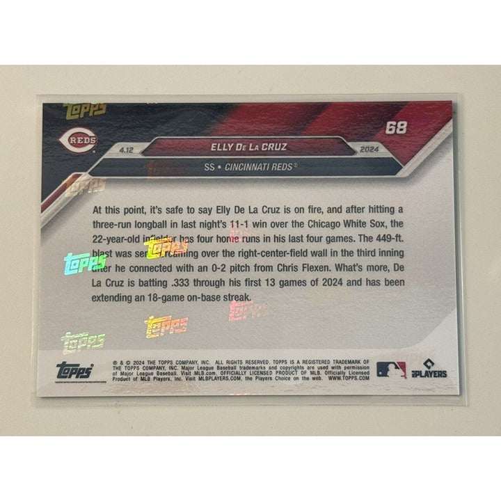 2024 Topps Now Elly De La Cruz Cincinnati Reds rookie baseball card showing player batting