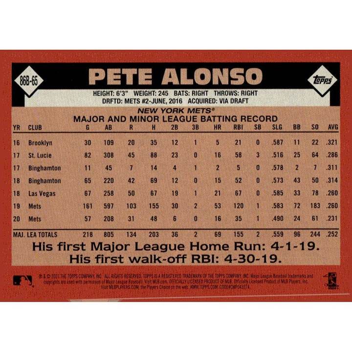 2021 Topps Pete Alonso baseball card 35th anniversary 1986 Topps design New York Mets