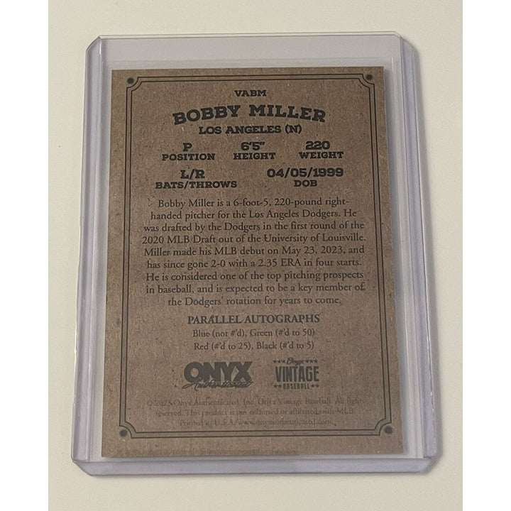 2023 Onyx Vintage Bobby Miller Dodgers signed rookie baseball card in protective case