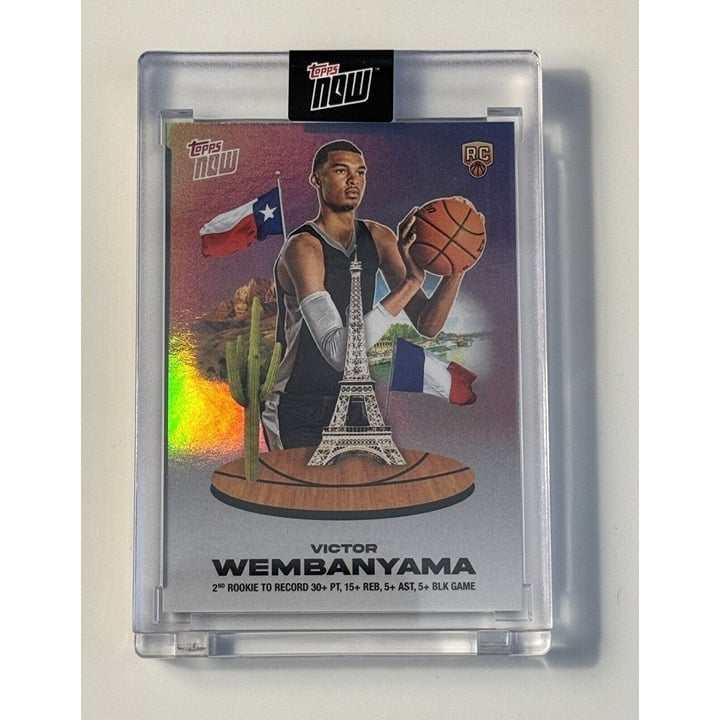 Victor Wembanyama 2023-24 Topps Now NBA rookie basketball card encased with black parallel design