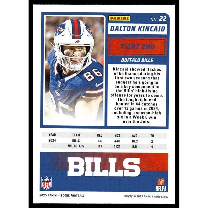 2025 NFL SCORE Dalton Kincaid Buffalo Bills football card near mint condition