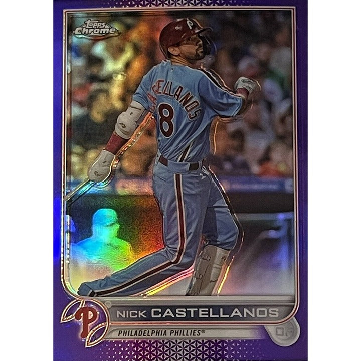Nick Castellanos 2022 Topps Chrome Purple Refractor baseball card in Phillies uniform