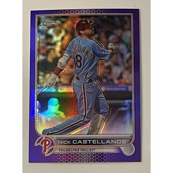 Nick Castellanos 2022 Topps Chrome Update Purple Refractor baseball card Phillies