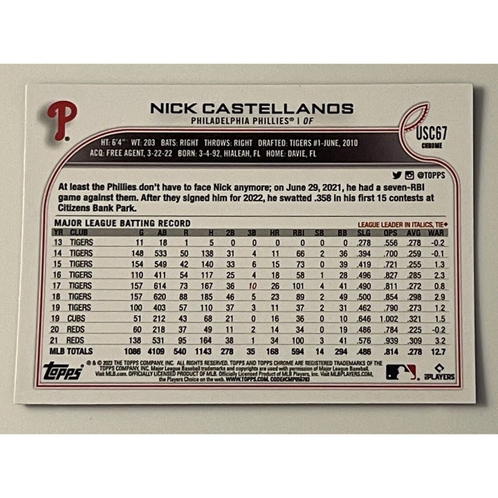 Nick Castellanos 2022 Topps Chrome Purple Refractor baseball card back Phillies USC67