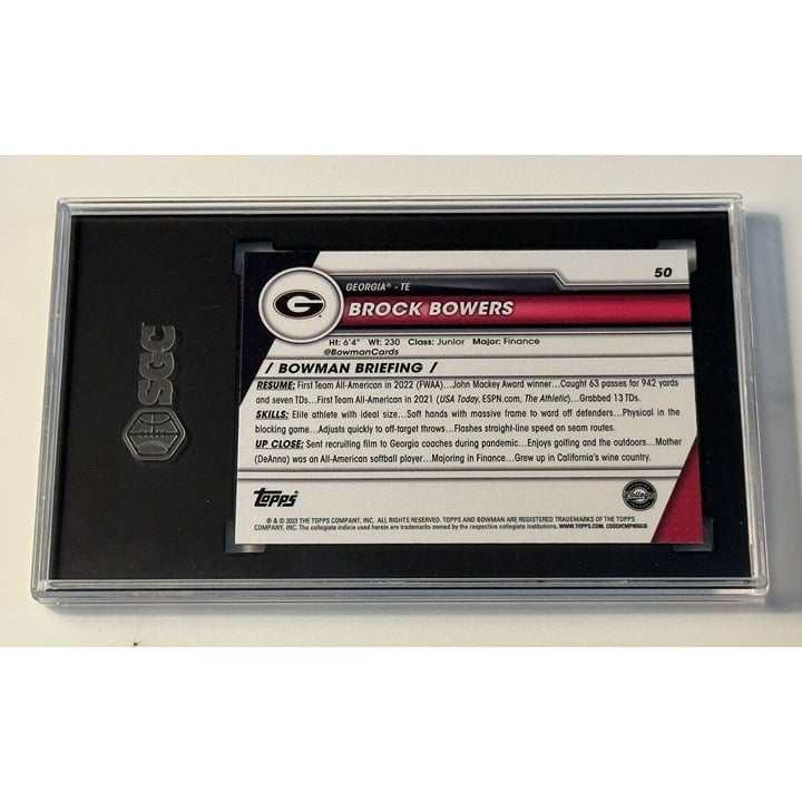 Brock Bowers 2023 Bowman U Chrome Rookie Card graded 10 showing Georgia Bulldogs player in action