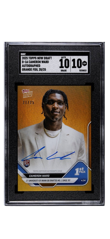20/25 Cameron Ward RC 2025 Topps Now Draft D-1 Orange Foil Auto Titans - SGC 10