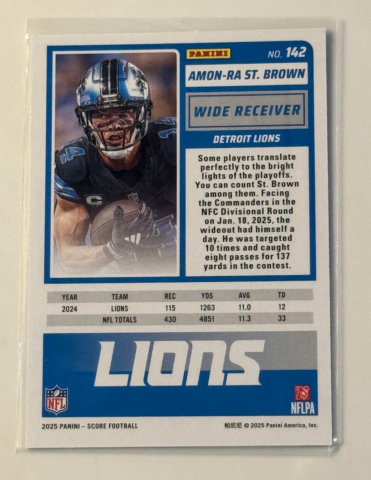 2025 Panini Score Amon-Ra St Brown Detroit Lions NFL wide receiver football card #142