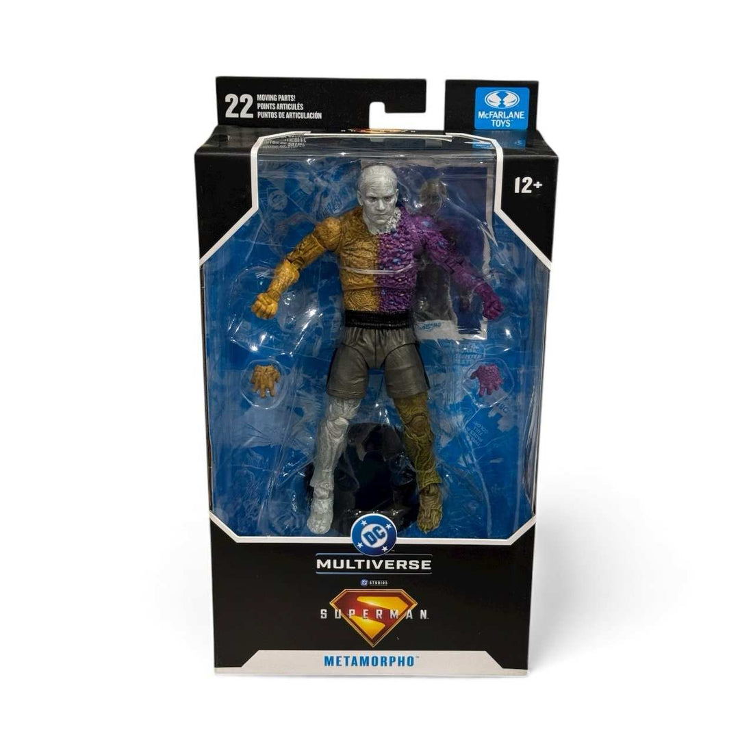 McFarlane DC Multiverse Metamorpho 7-inch action figure sealed in packaging with 22 articulation points and alternate hands