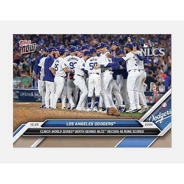 2024 LA Dodgers Team NLCS Champions Topps Now Baseball Card with players celebrating on field