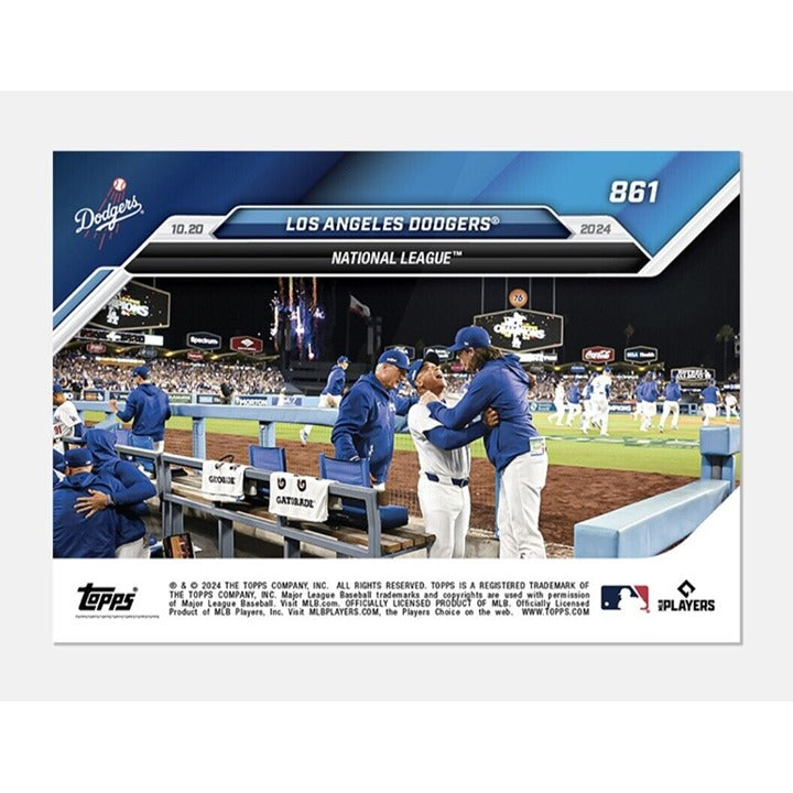 2024 LA Dodgers Team NLCS Champions Topps Now Baseball Card 861 showing dugout celebration