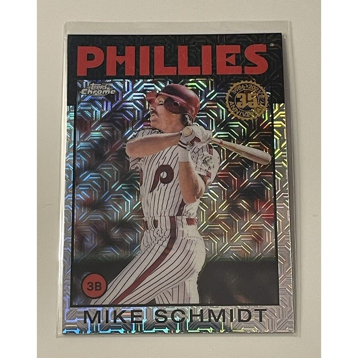 Mike Schmidt 2021 Topps Series 2 1986 Topps Chrome Silver Pack Refractor baseball card in Phillies uniform with holographic design
