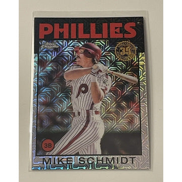 Mike Schmidt 2021 Topps Series 2 1986 Topps Chrome Silver Pack Refractor baseball card in Phillies uniform with holographic design