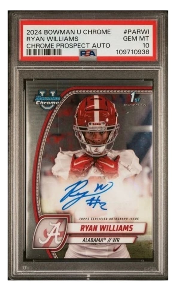 RYAN WILLIAMS RC 2024 Bowman U Chrome Prospect Alabama Crimson Tide PSA 10 autograph card