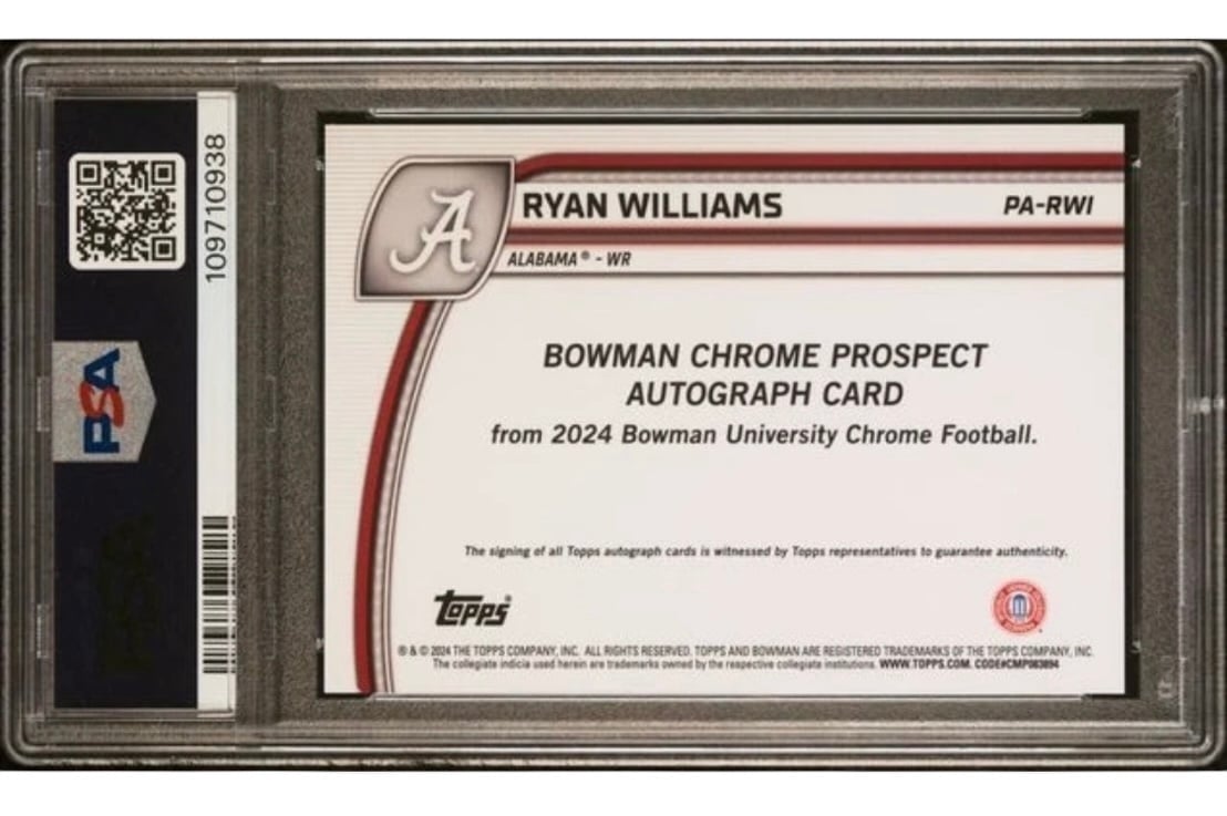 2024 Ryan Williams RC Bowman Chrome Prospect autograph PSA 10 Alabama Crimson football card