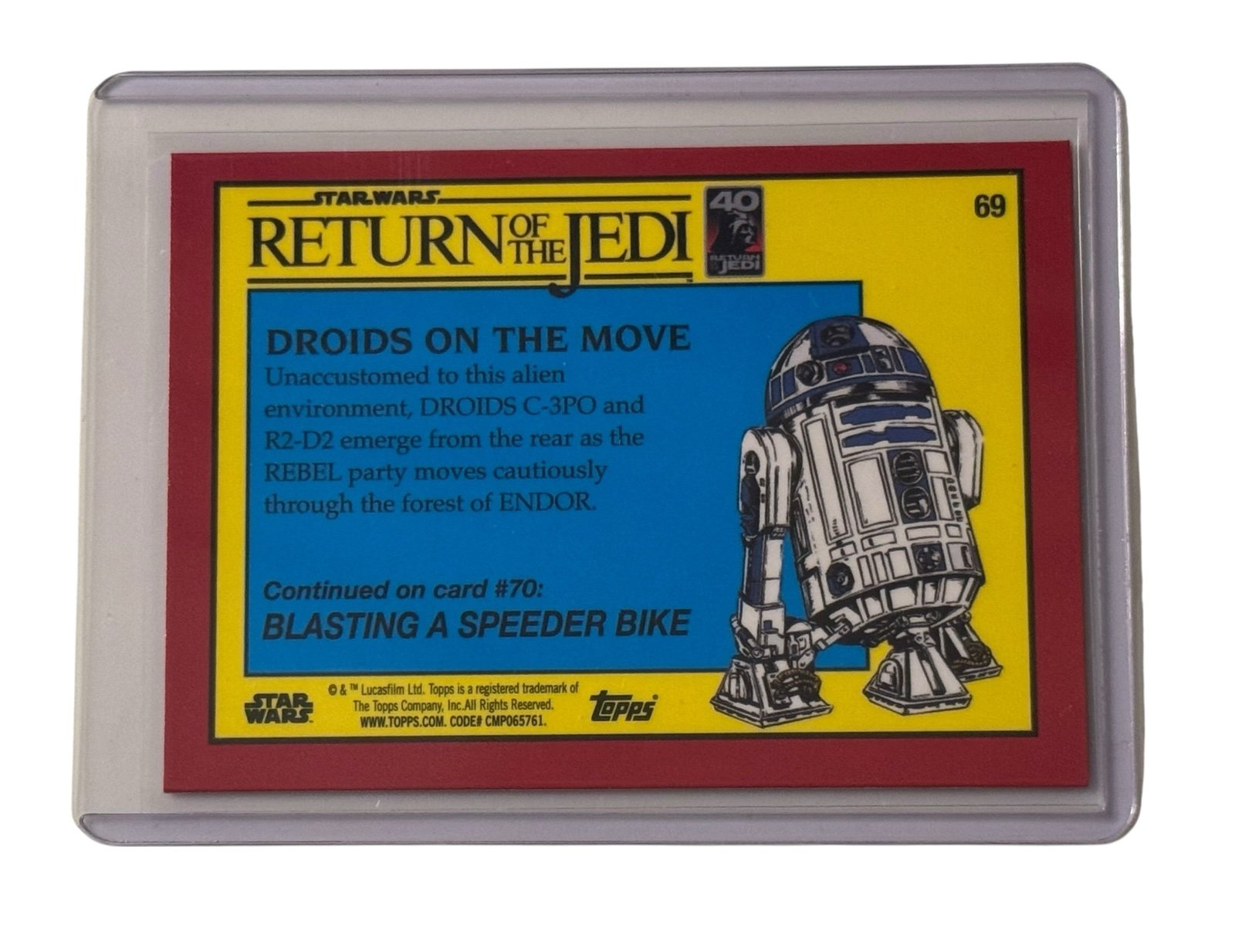 Topps NOW Star Wars ROTJ Red Ice card featuring Droids On The Move with R2-D2 in protective sleeve