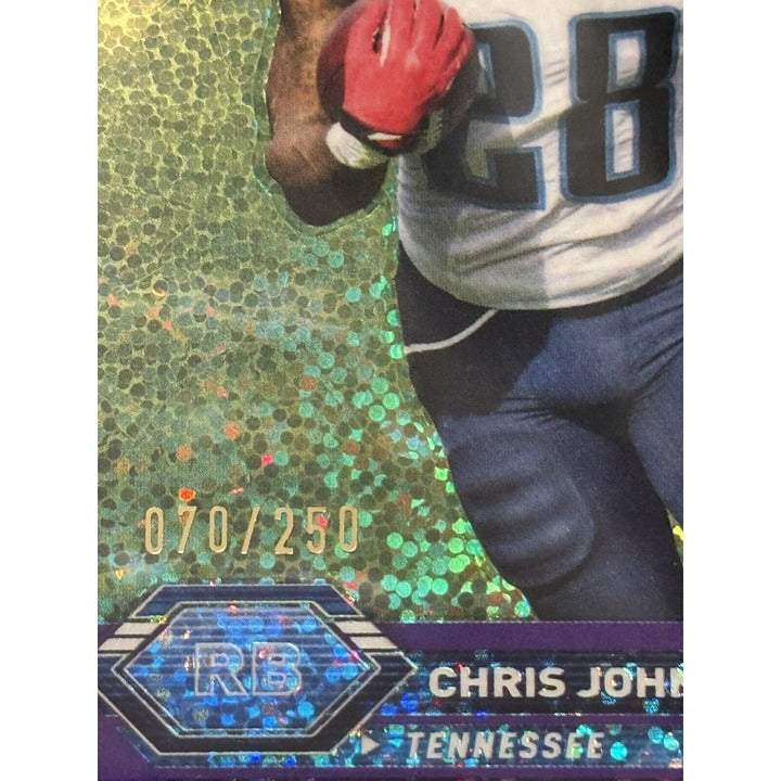 Chris Johnson 2023 Topps Chrome Sparkle Refractor football card with holographic design